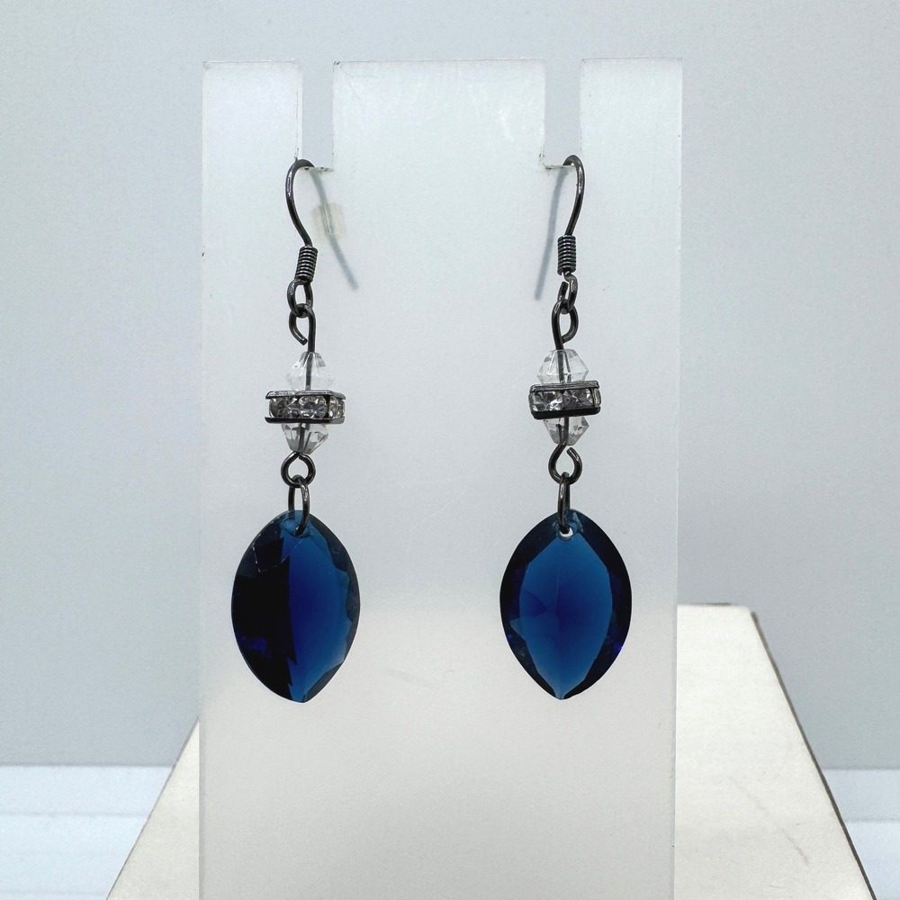 Navy Blue Marquise Glass Drop Earrings Gunmetal Tone Crystal Accents Handmade